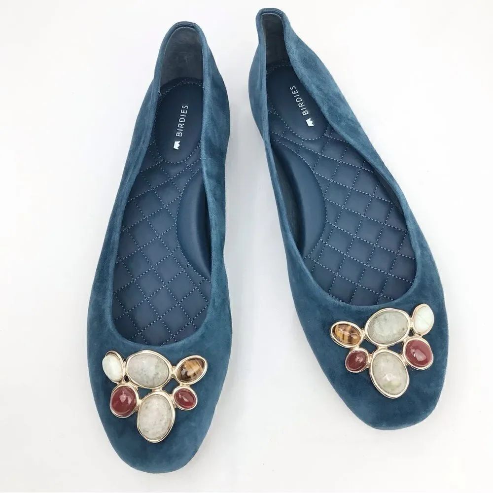 Birdies Hummingbird Teal Blue Suede Leather Stone Embellished Ballet Flat New